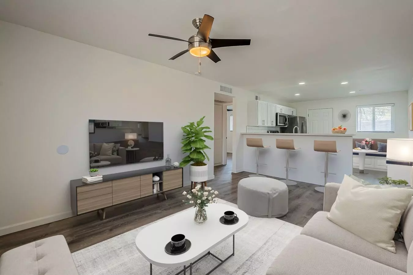 Virtually staged living area at Rovey Apartments.