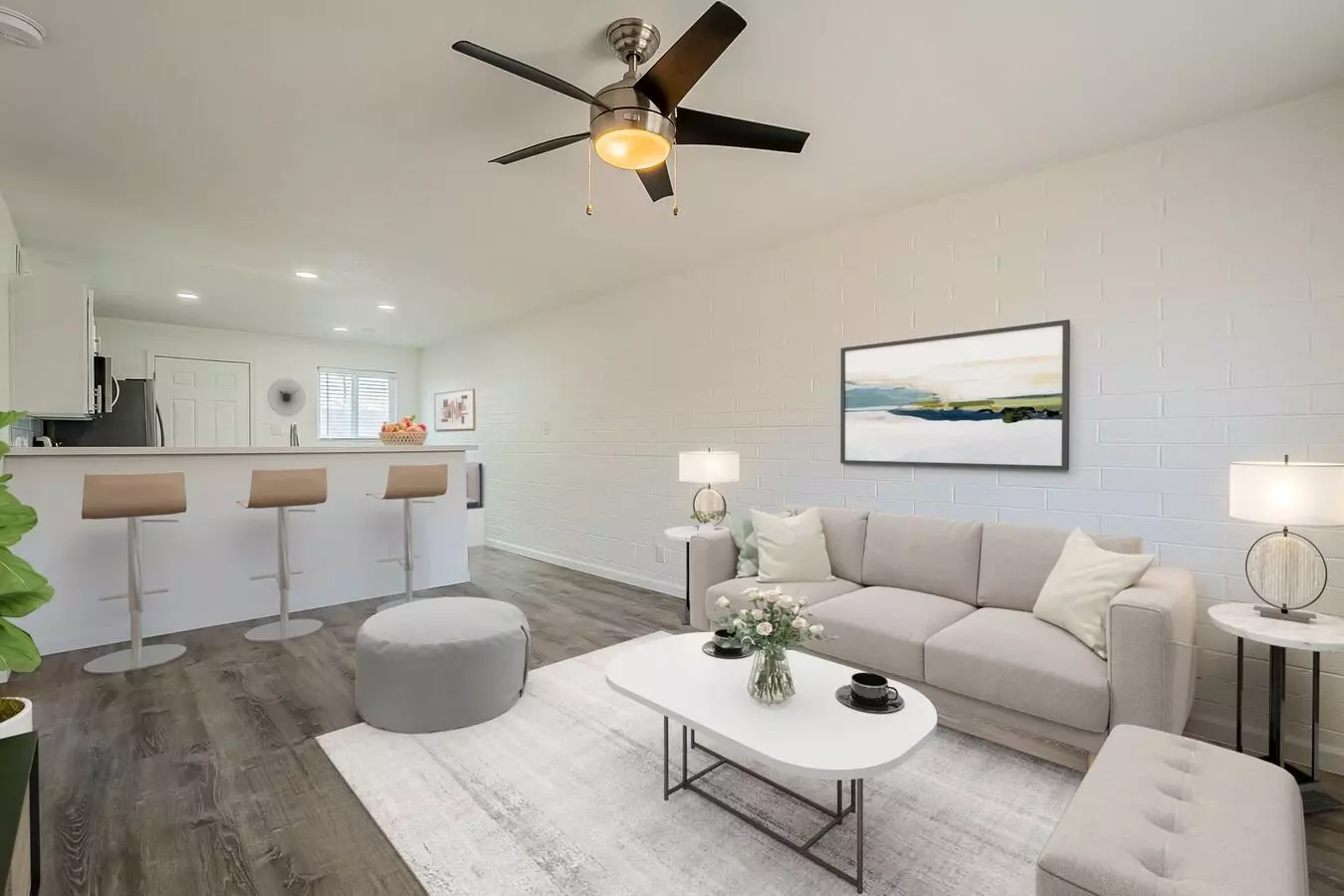 Virtually staged living area at Rovey Apartments.