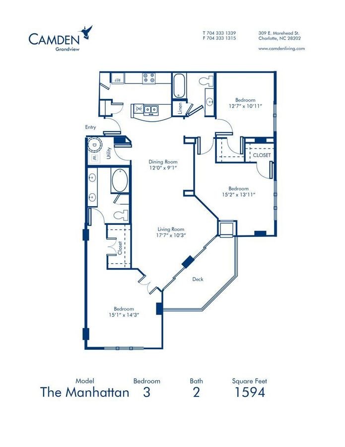 3 Bedrooms 2 Bathrooms Apartment for rent at Camden Grandview in Charlotte, NC