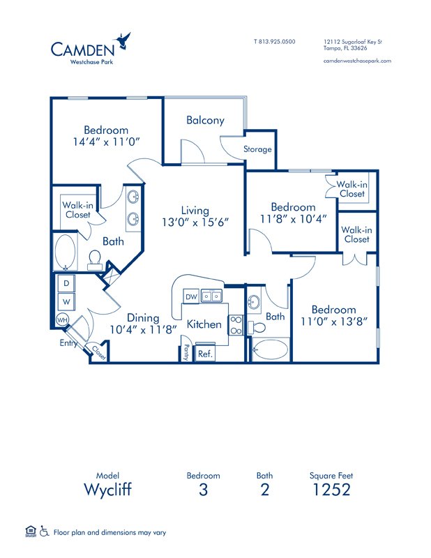 3 Bedrooms 2 Bathrooms Apartment for rent at Camden Westchase Park in Tampa, FL