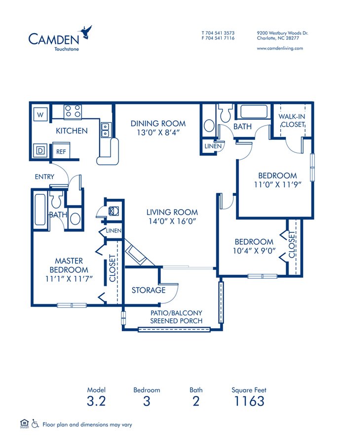 3 Bedrooms 2 Bathrooms Apartment for rent at Camden Touchstone in Charlotte, NC