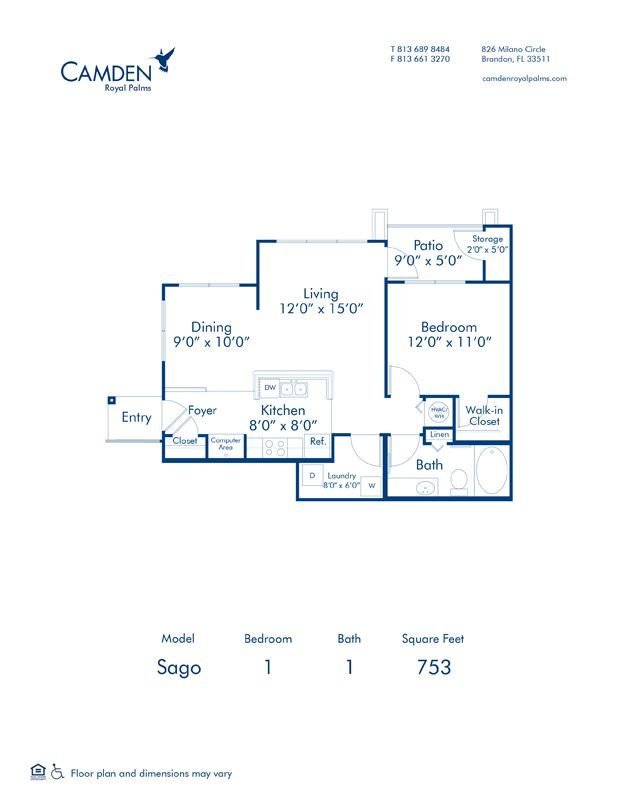 1 Bedroom 1 Bathroom Apartment for rent at Camden Royal Palms in Brandon, FL