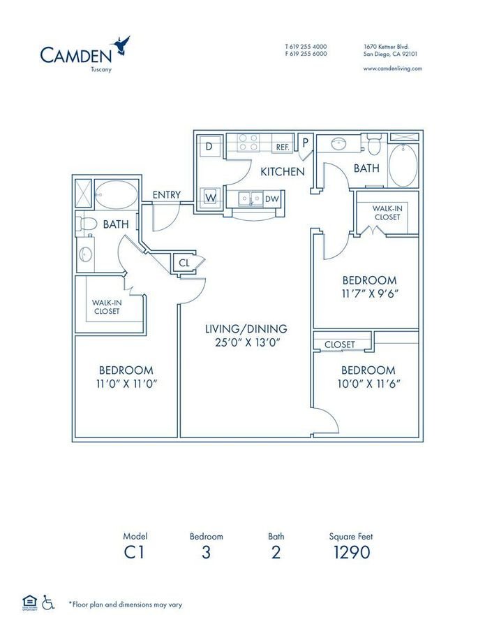 3 Bedrooms 2 Bathrooms Apartment for rent at Camden Tuscany in San Diego, CA