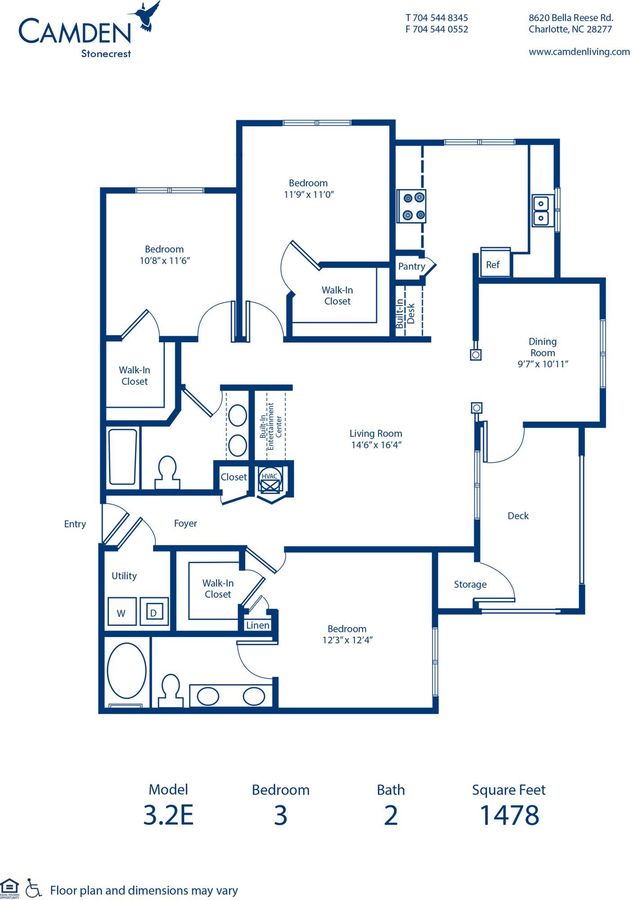 3 Bedrooms 2 Bathrooms Apartment for rent at Camden Stonecrest in Charlotte, NC
