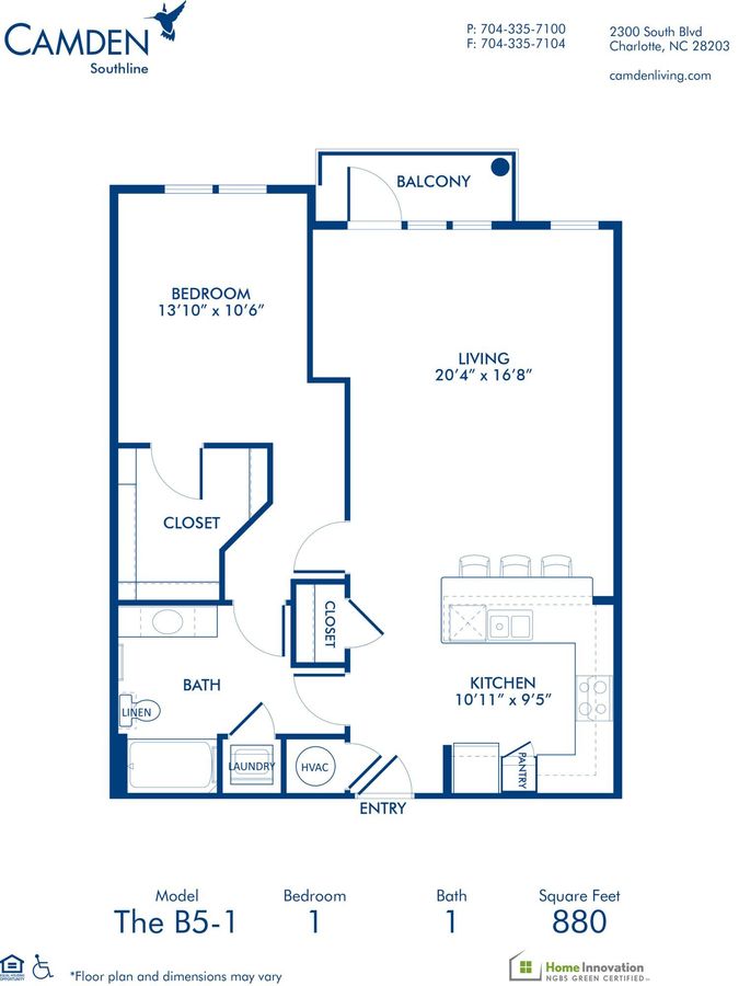 1 Bedroom 1 Bathroom Apartment for rent at Camden Southline in Charlotte, NC
