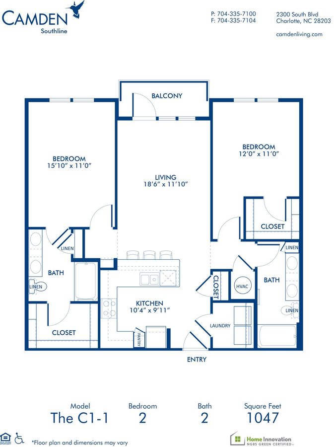 2 Bedrooms 2 Bathrooms Apartment for rent at Camden Southline in Charlotte, NC