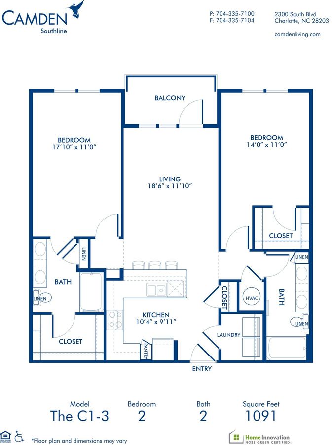 2 Bedrooms 2 Bathrooms Apartment for rent at Camden Southline in Charlotte, NC