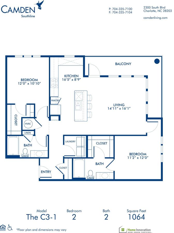 2 Bedrooms 2 Bathrooms Apartment for rent at Camden Southline in Charlotte, NC