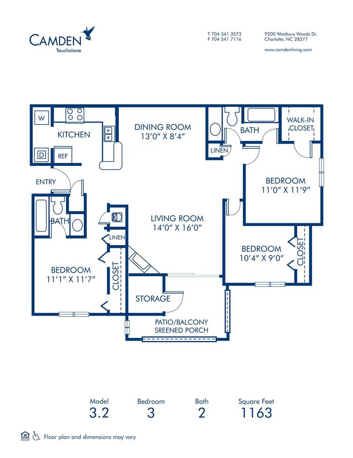3 Bedrooms 2 Bathrooms Apartment for rent at Camden Touchstone in Charlotte, NC