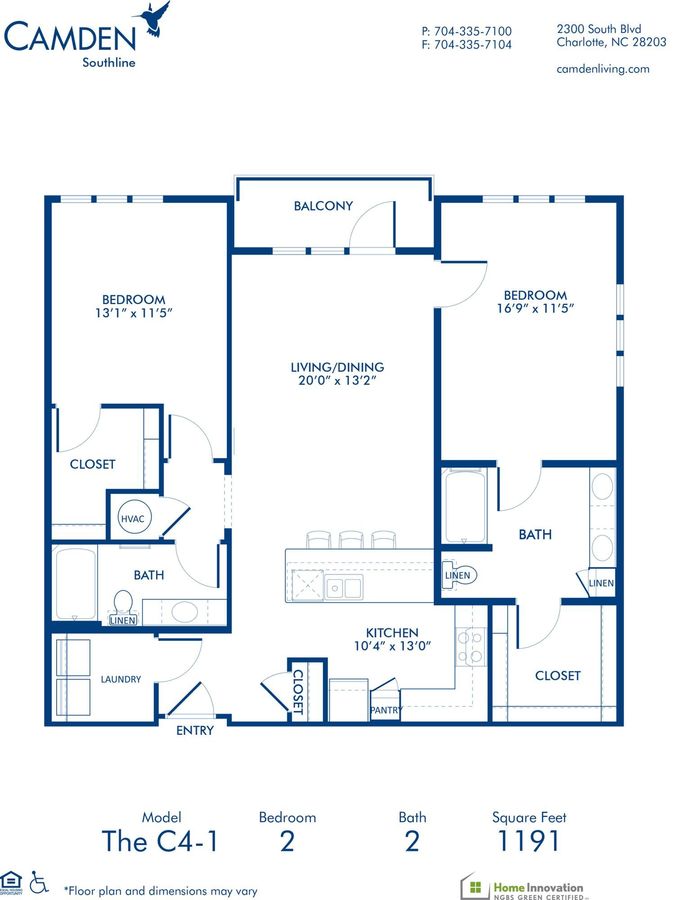 2 Bedrooms 2 Bathrooms Apartment for rent at Camden Southline in Charlotte, NC