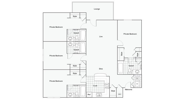4 Bedrooms 4+ Bathrooms Apartment for rent at The Social 2700 Student Spaces in Tallahassee, FL