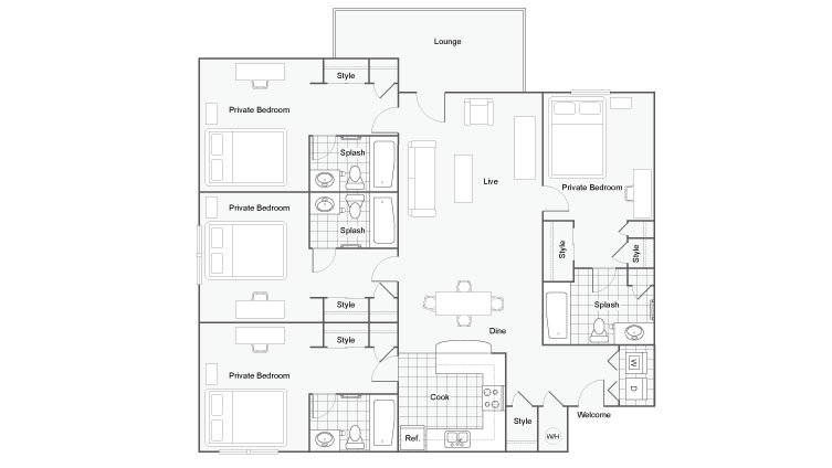 4 Bedrooms 4+ Bathrooms Apartment for rent at The Social 2700 Student Spaces in Tallahassee, FL
