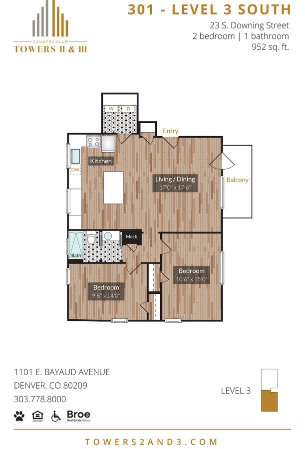 2 Bedrooms 1 Bathroom Apartment for rent at 1101 Country Club Towers II & III in Denver, CO